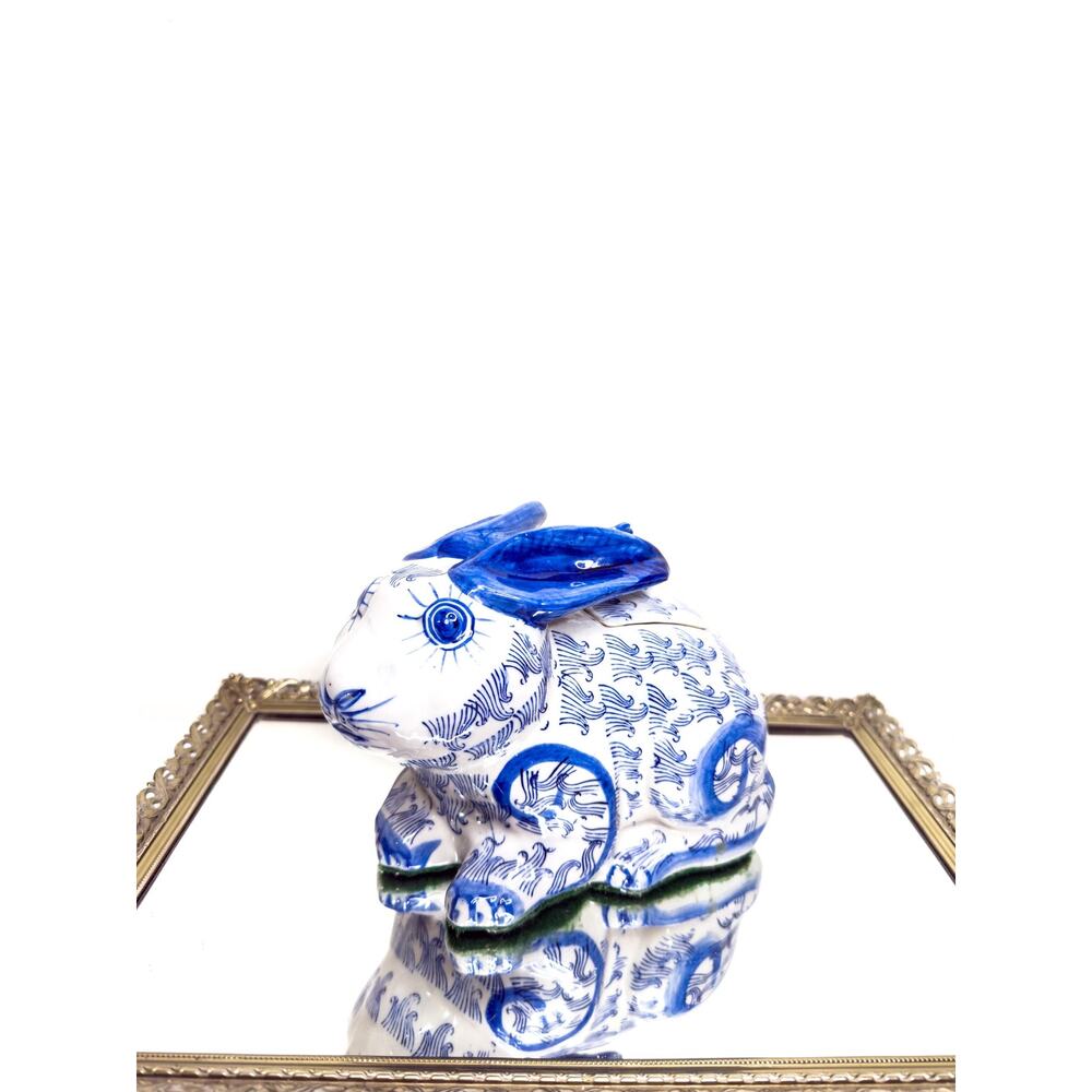 Rare Large Vintage Blue & White Porcelain Rabbit Figurine Lidded Trinket Box , C
